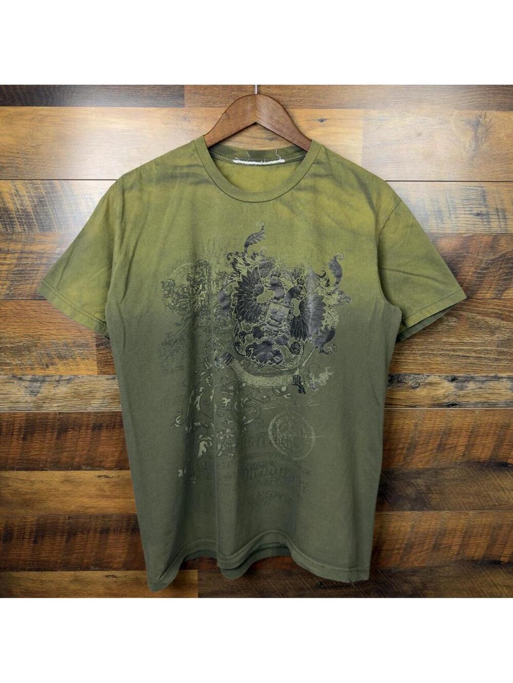 Y2K Phoenix Graphic T-Shirt Olive Green Distressed Grunge Tee Medium
